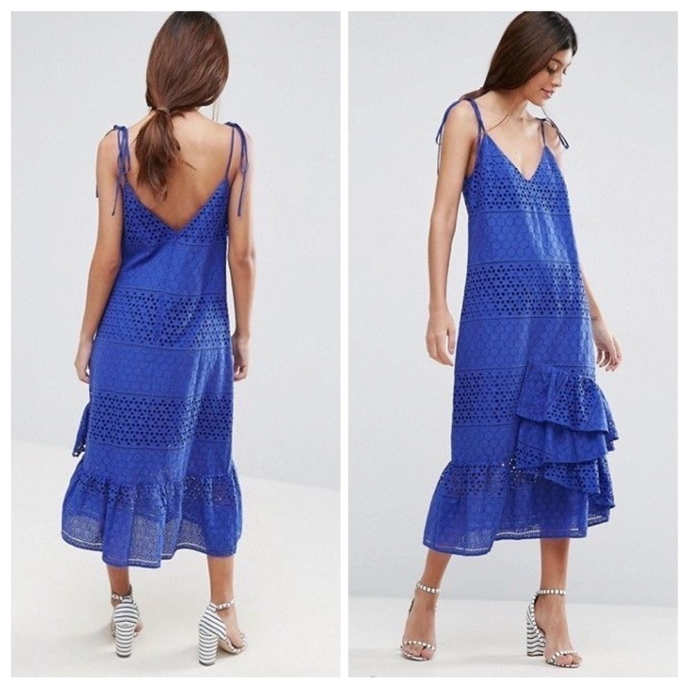 ASOS Blue Eyelet Lace Tie Shoulder Dress